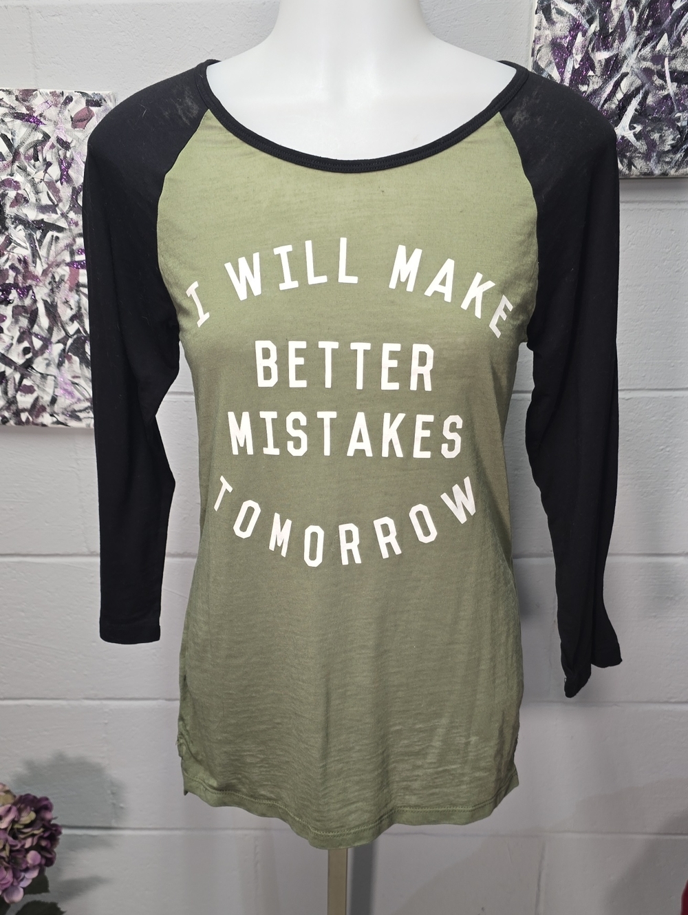 Cold Crush Olive Green and Black Raglan Long Sleeve Tee with White Graphic